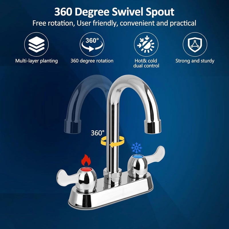 KWODE 4" Center Commercial Bar Sink Faucet, 2-Hole Deck Mount Utility Sink Faucet with 3-1/2" Gooseneck Swivel Spout & Dual Lever Handles for Laundry Tub RV Bar Sink, Brass Constructed, Chrome - Image 3